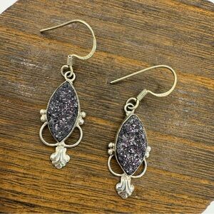 Purple druzy stone in ornate silver setting dangle earrings boho bohemian
